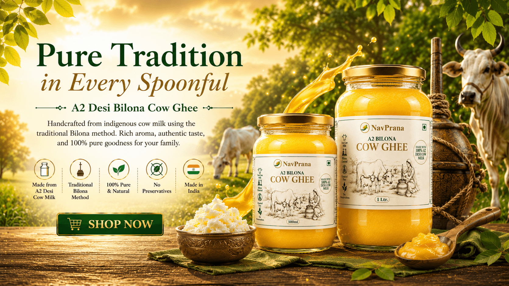 NavPrana Organics Pure Desi A2 Cow Bilona Ghee — Best Organic Cow Ghee in India